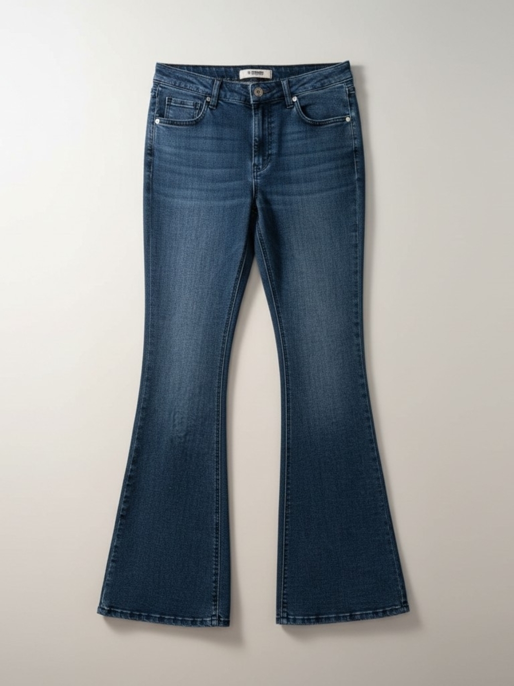 High-Rise Dark Blue Flared Jeans With Stretch Band Waist